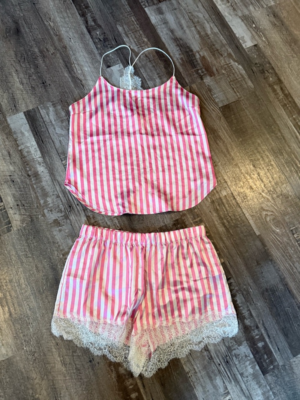Victoria's Secret Pink and White Striped Lace-Trim Pajama Set
